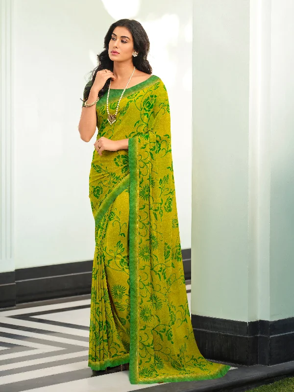 Women Olive Georgette  Printed Saree With Un-Stiched Blouse Stretchy Fitted Blouse