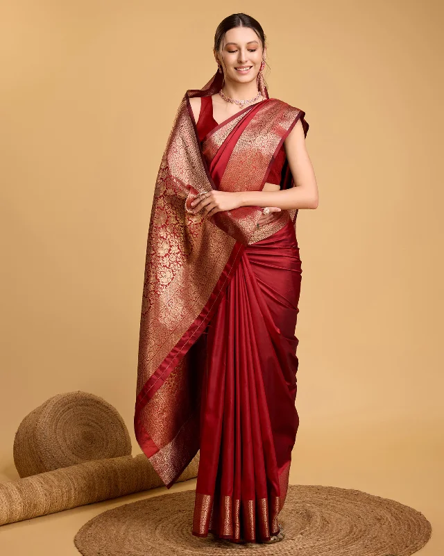 Women Red Brick Pure Silk Weaving Work Saree With Un-Stiched Blouse Chic Sleeveless Blouse