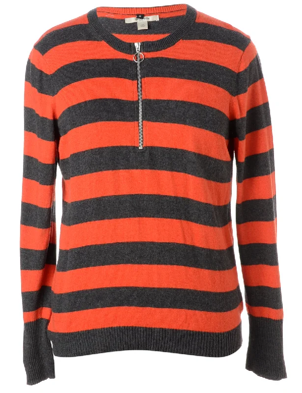 Label Orange Zip Front Knitted Jumper Herringbone Houndstooth Plaid