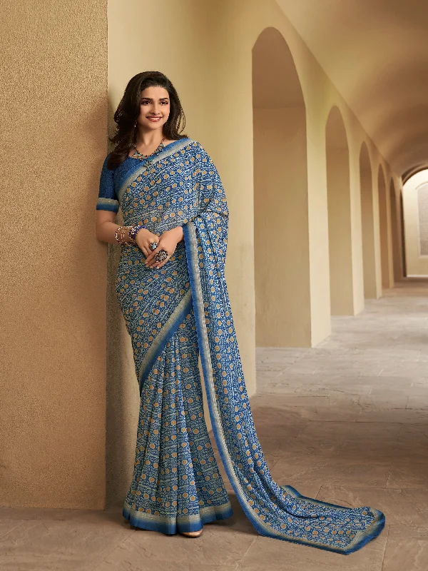 Women Blue Georgette  Printed Saree With Un-Stiched Blouse Lightweight Tunic Blouse