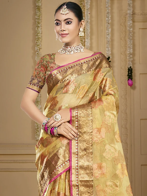 Women Beige Organza Saree With Un Stitched Blouse Backless Summer Blouse