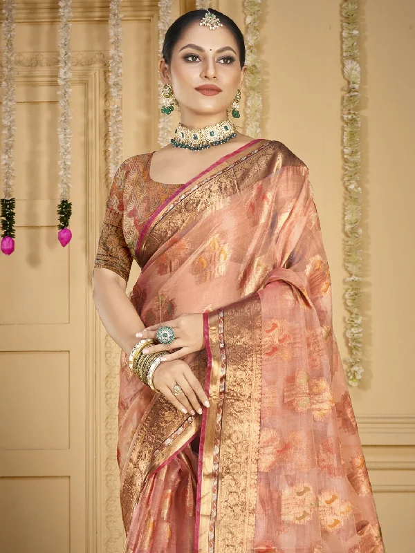 Women Pink Organza Saree With Un Stitched Blouse Cotton Casual Blouse