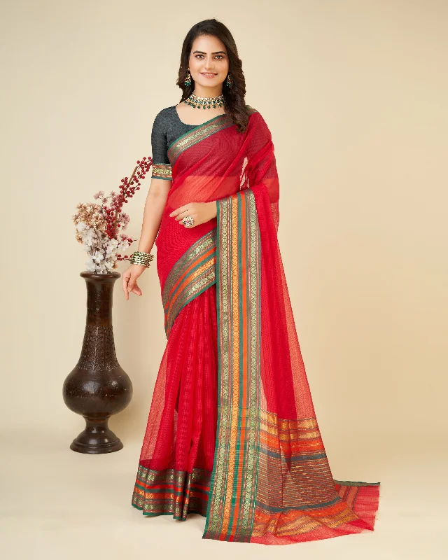 Women Red Kota Doriya Soft Silk Weaving Work Saree With Un-Stiched Blouse Feminine Ruffle Blouse Women Red Kota Doriya Soft Silk Weaving Work Saree With Un-Stiched Blouse Feminine Ruffle Blouse