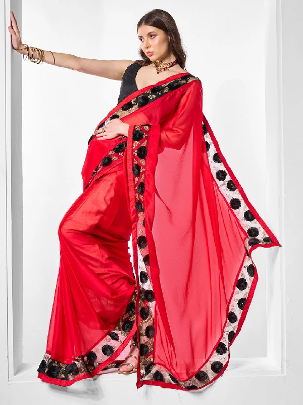 Women Party Wear Moss Chiffon Saree with Un Stitched Blouse Feminine Tie Blouse