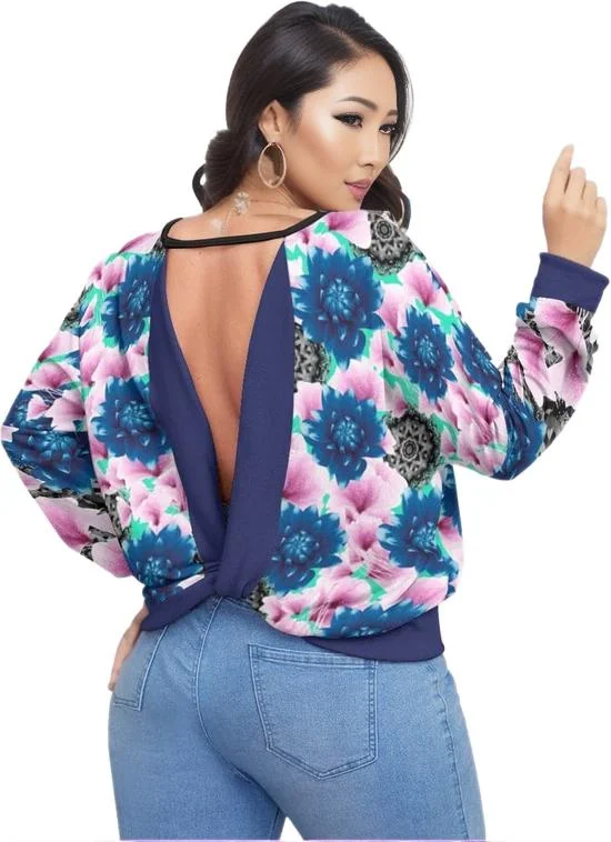 Floral Realm Womens Backless Sweatshirt Voluptuous (+) Plus Size Hoodie with Hem Embroidery Detailed Premium