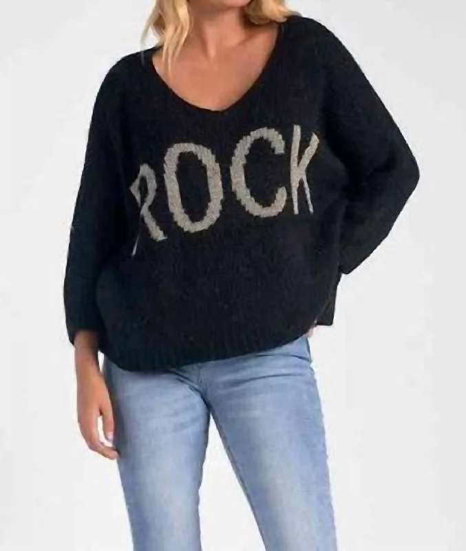Rock V-Neck Sweater In Black Fleece Sweater Nylon Polyester