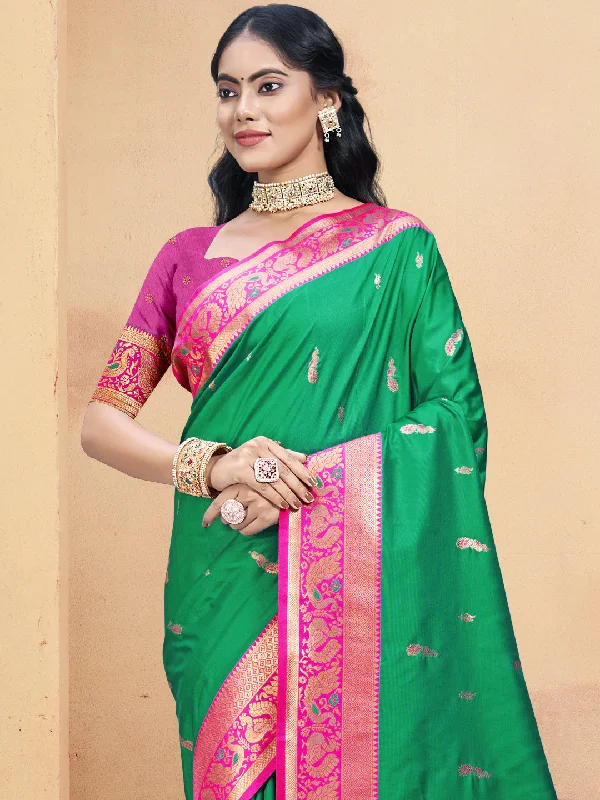 Women Teal Green Silk Saree With Un Stitched Blouse Casual Stripe Blouse