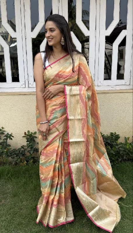 Women Party Wear Jari Weaving Leheriya Pattern Fancy Silk Saree with Un Stitched Blouse Elegant Peplum Blouse