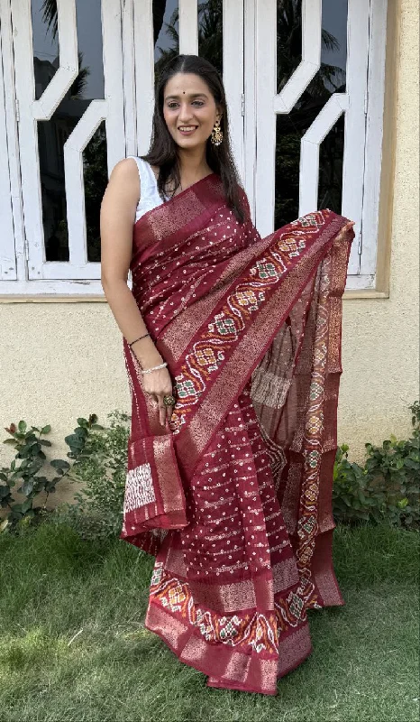 Women Party Wear Foil Printed Candy Cotton Silk Saree with Un Stitched Blouse Feminine Puff Blouse