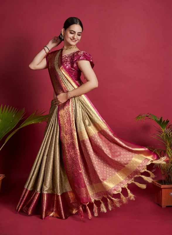 Women Light Tan Lichi Soft Silk Weaving Work Saree With Un-Stiched Blouse Sheer Sleeve Blouse Women Light Tan Lichi Soft Silk Weaving Work Saree With Un-Stiched Blouse Sheer Sleeve Blouse