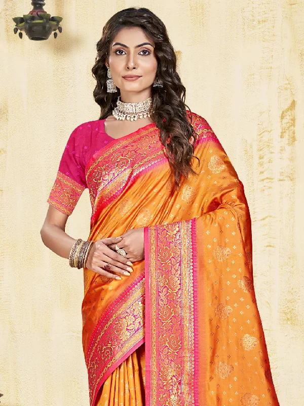 Women Orange Silk Saree With Un Stitched Blouse Peter Pan Collar Blouse