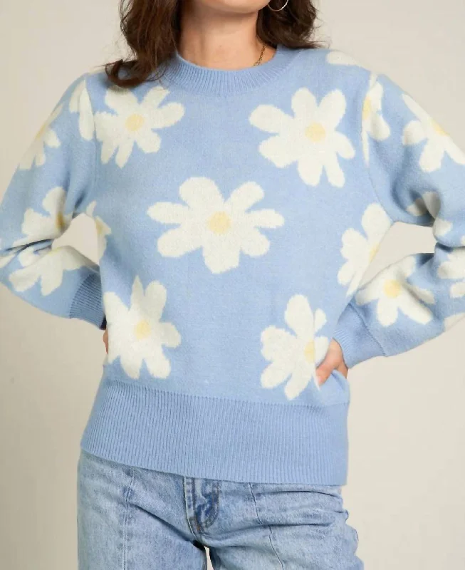 Floral Sweater In Light Blue Lace Blend Ribbed Blend Corduroy Blend