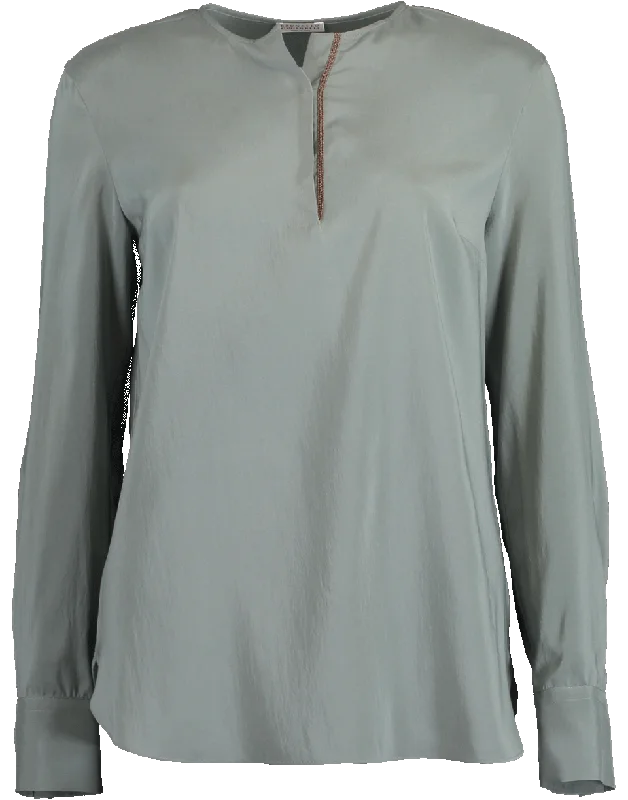 Monili Henley Silk Blouse Chic Off-Shoulder Blouse