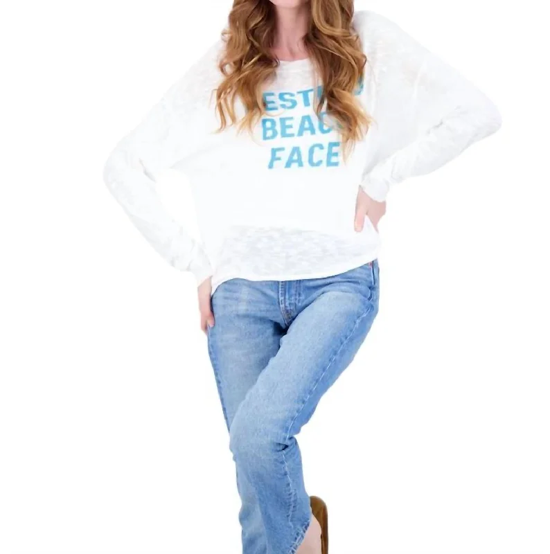 Resting Beach Face Sweater In Turq Turtle Neck Boat Neck Asymmetrical Neck