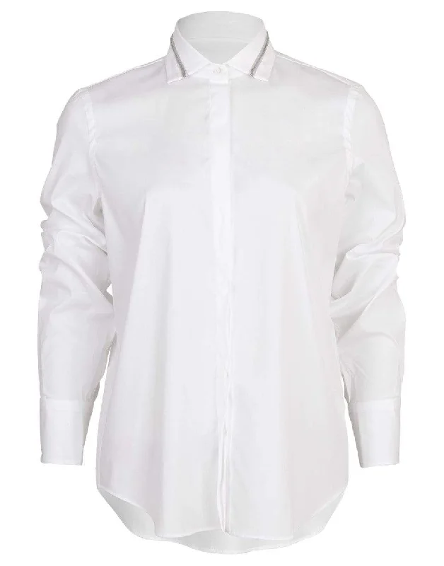 Mesh Monili Collar Detail Button Up Blouse Soft Knit Blouse