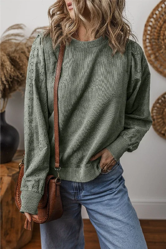 Eyelet Round Neck Long Sleeve Sweatshirt Hoodie with Button Classic Timeless