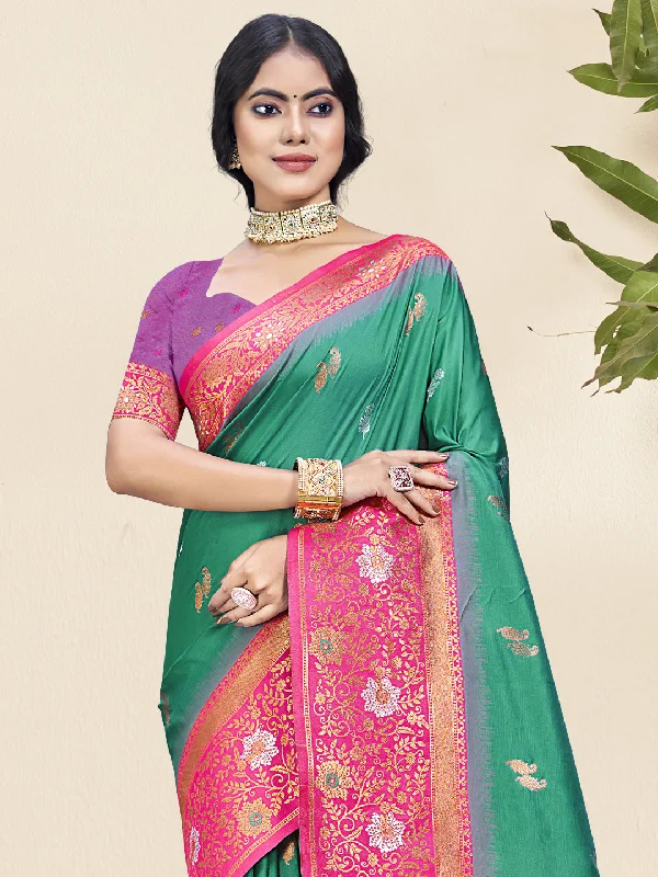 Women Teal Green Silk Saree With Un Stitched Blouse Soft Pastel Blouse