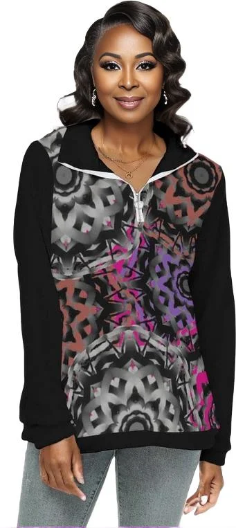 Mandala Graffiti Womens Borg Fleece Sweatshirt With Half Zip Hoodie with Monochrome Minimalist Simple