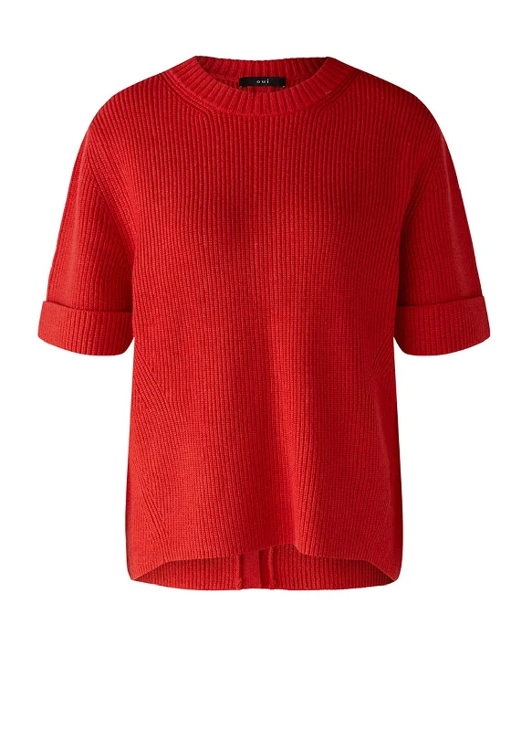 Oui Round Neck Ribbed Sweater, Aura Orange Fleece Sweater Nylon Polyester