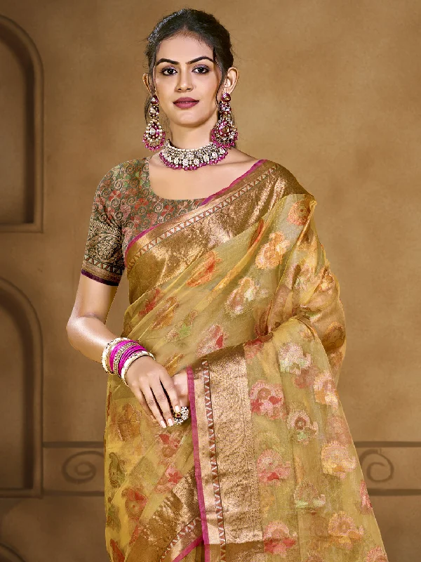 Women Yellow Organza Saree With Un Stitched Blouse Loose Fit Blouse