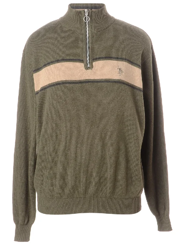 Label Olive Green Zip Front Knitted Jumper Neon Metallic Matte
