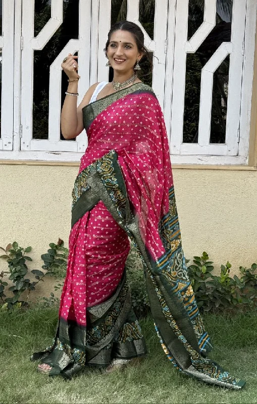 Women Party Wear Bandhej Print Pure Candy Cotton Silk Saree with Un Stitched Blouse Lightweight Floral Blouse