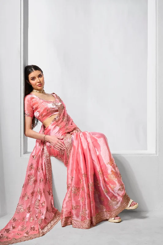 Women Party Wear Heavy Embroidery Worked Premium Organza Blend Saree with Un Stitched Blouse Modern Oversized Blouse