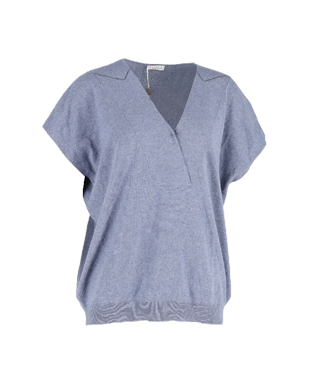 Brunello Cucinelli V-Neck Monili-Trim Sweater in Blue Wool Machine Wash Dry Clean Hand Wash