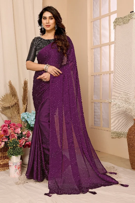 Women Purple Satin Chiffon Stone Work Saree With Un-Stiched Blouse Casual Button Blouse Women Purple Satin Chiffon Stone Work Saree With Un-Stiched Blouse Casual Button Blouse