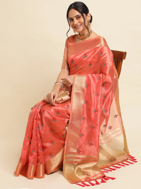 Women Party Wear Embroidery Worked Cotton Silk Saree with Un Stitched Blouse Playful Puff Blouse