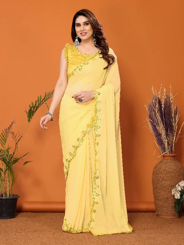 Women Yellow Georgette Plain Saree With Un-Stiched Blouse Elegant Office Blouse