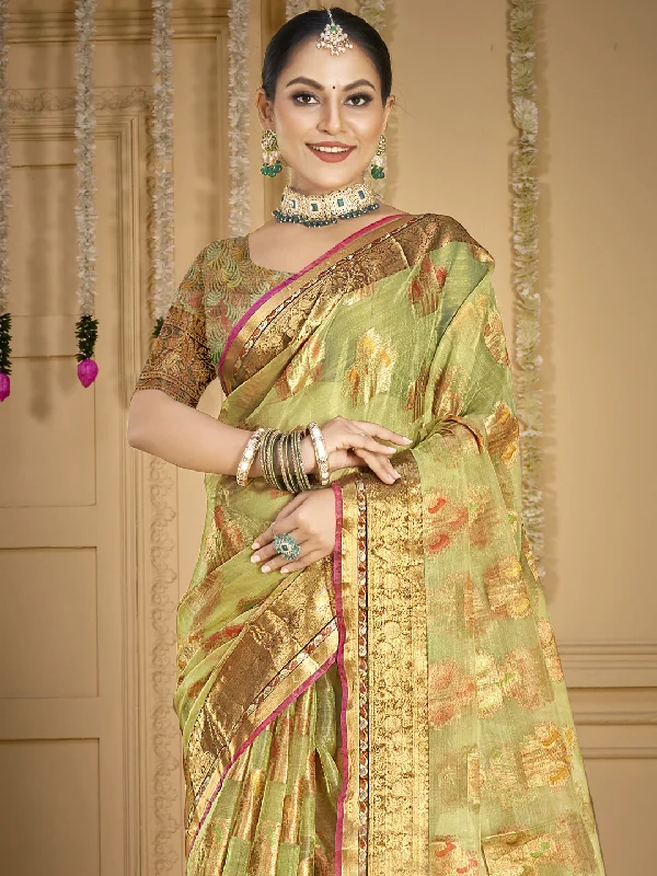 Women Light Green Organza Saree With Un Stitched Blouse Sheer Mesh Blouse