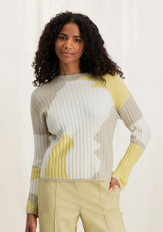 YAYA Colour Block Crew Neck Jacquard Sweater, Parsnip Yellow Chenille Brocade Lace