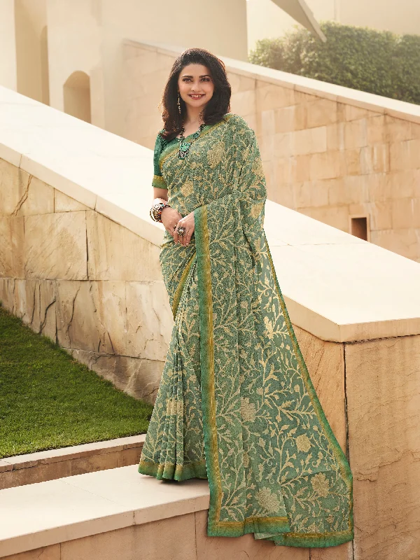 Women Mehndi Georgette  Printed Saree With Un-Stiched Blouse Romantic Lace Blouse