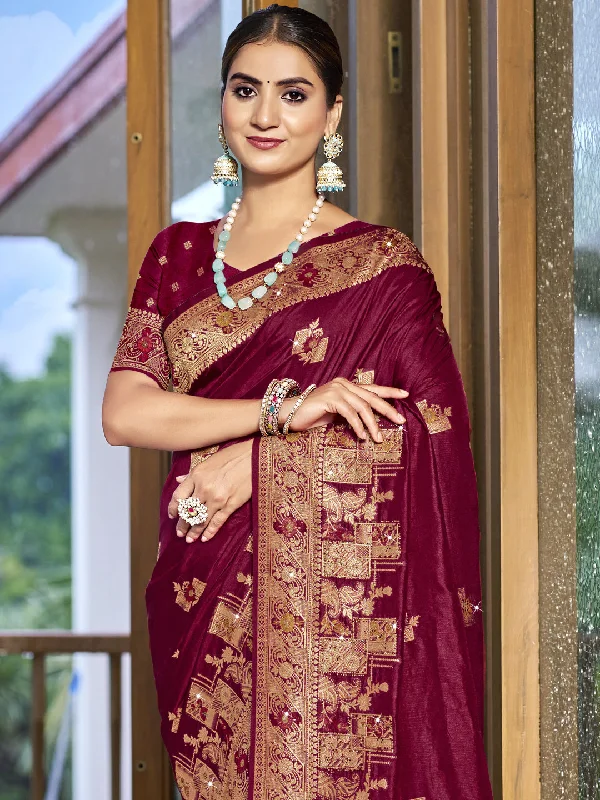 Women Magenta Silk Saree With Un Stitched Blouse Flowy Bohemian Blouse