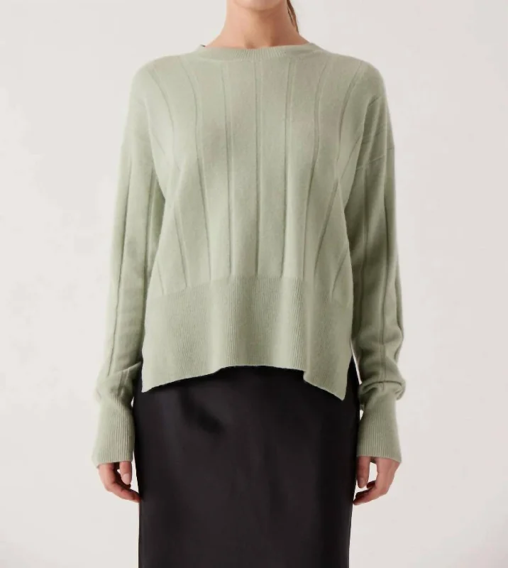 Crewneck Ribbed Sweater In Sage Ribbed Striped Patterned