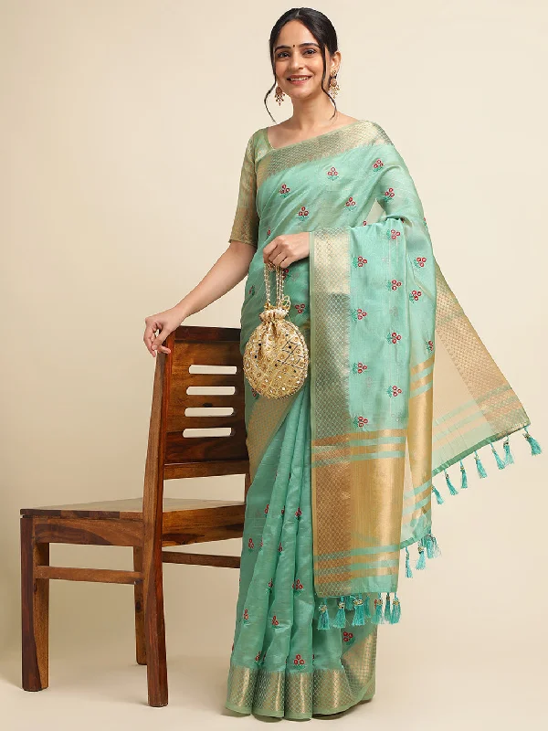 Women Party Wear Embroidery Worked Cotton Silk Saree with Un Stitched Blouse Airy Cotton Blouse
