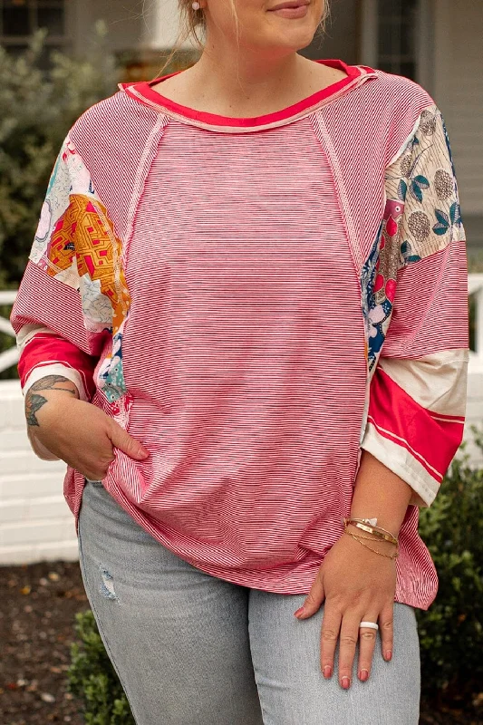 Plus Size Exposed Seam Printed Striped Round Neck Sweatshirt Hoodie with Back Slit Movement Comfort