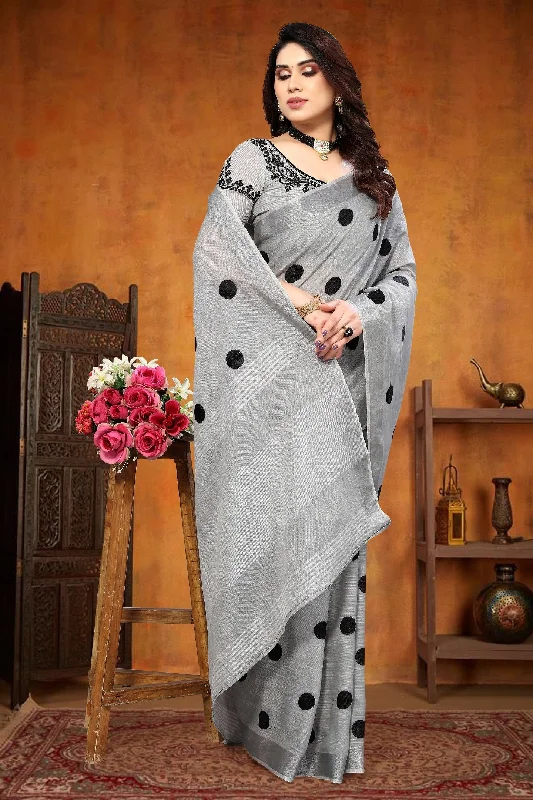 Women Party Wear Embroidery Worked Pure Soft Cotton Silk Saree with Un Stitched Blouse Flowy Bohemian Blouse