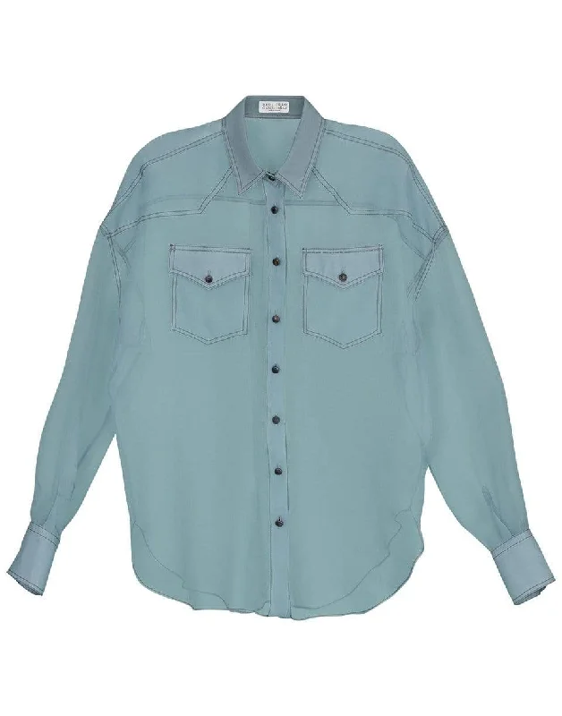 Monili Pocket Embroidered Silk Organza Blouse Double Button Blouse