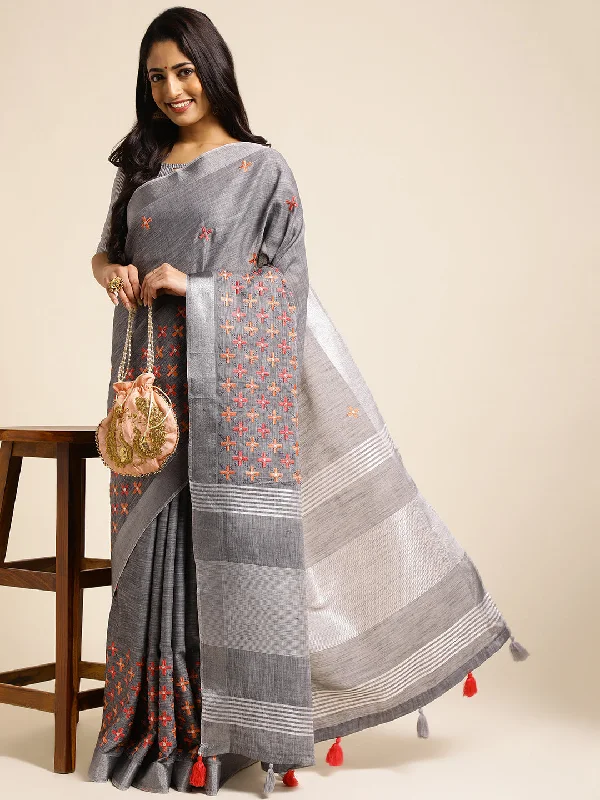 Women Party Wear Embroidery Worked Pure Cotton Linen Silk Saree with Un Stitched Blouse Sleeveless Summer Blouse