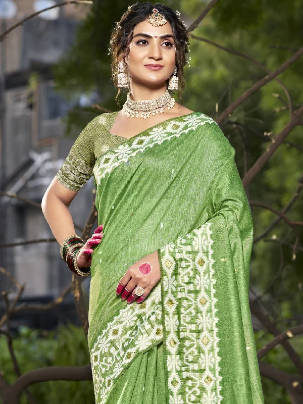 Women Green Cotton Saree With Un Stitched Blouse Loose Oversized Blouse