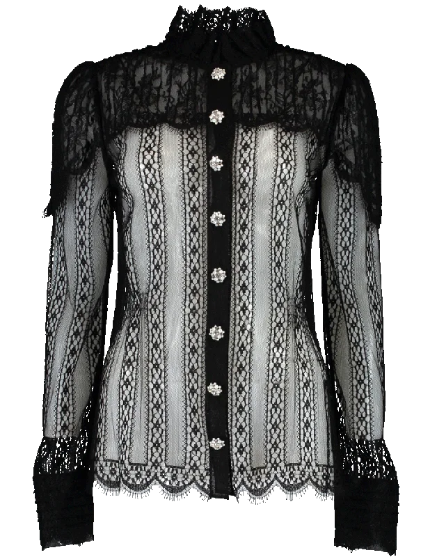 High-Neck Chantilly Blouse Sheer Mesh Blouse