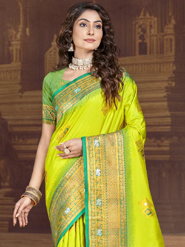 Women Parrot Green Silk Saree With Un Stitched Blouse Elegant Peplum Blouse