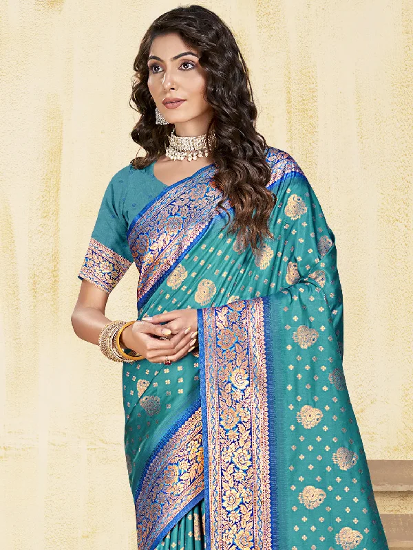 Women Sky Blue Silk Saree With Un Stitched Blouse Balloon Sleeve Blouse