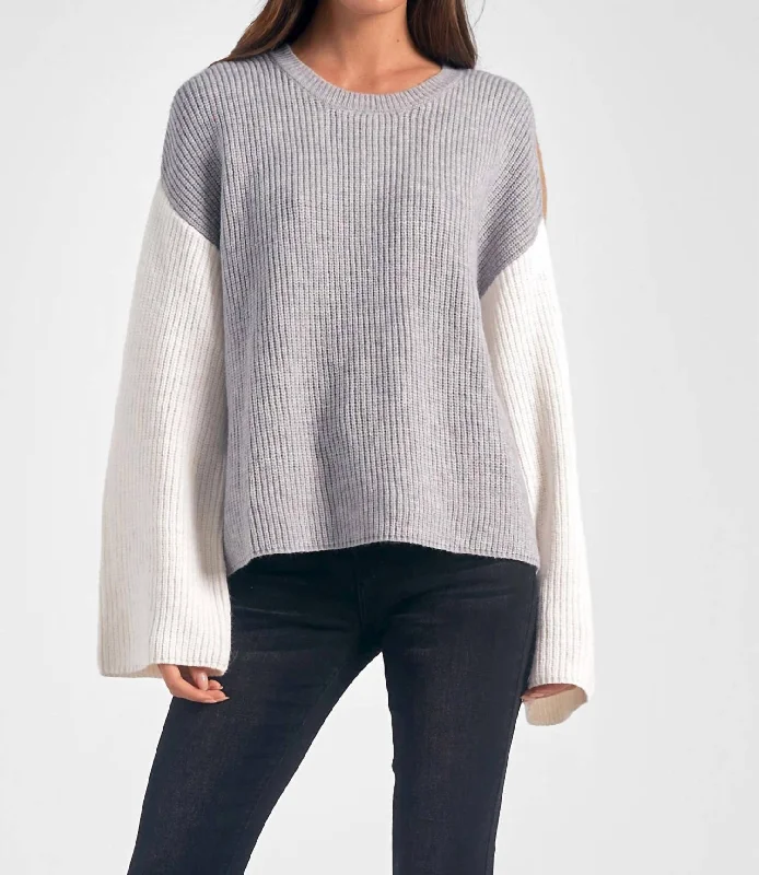 Colorblock Crewneck Sweater In Grey Stretchy Elastic Breathable