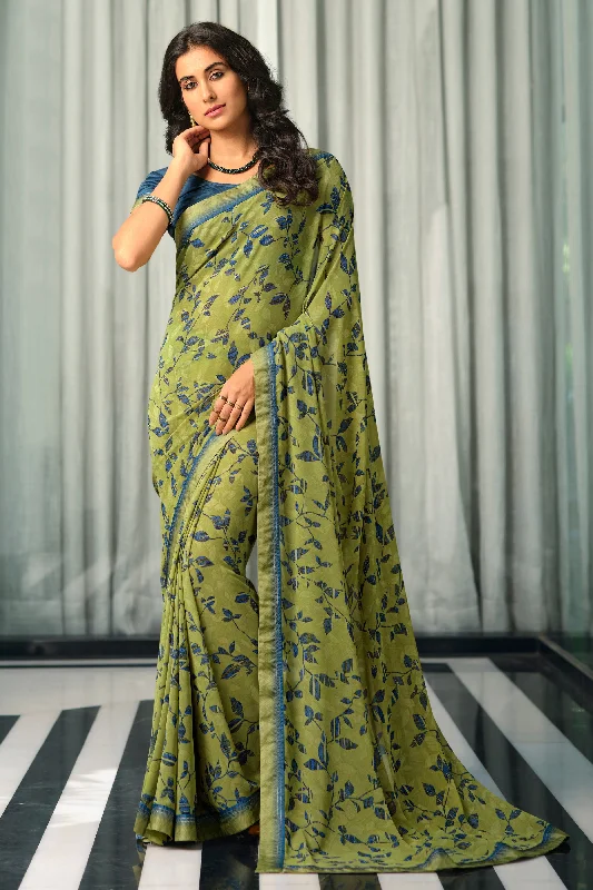 Women Mahendi  Georgette  Printed Saree With Un-Stiched Blouse Delicate Pleat Blouse