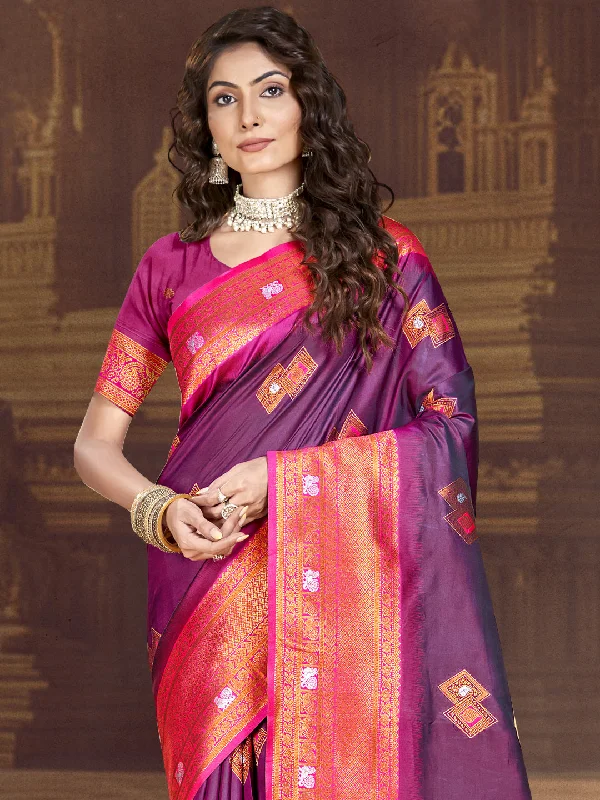 Women Wine Silk Saree With Un Stitched Blouse Delicate Pleat Blouse