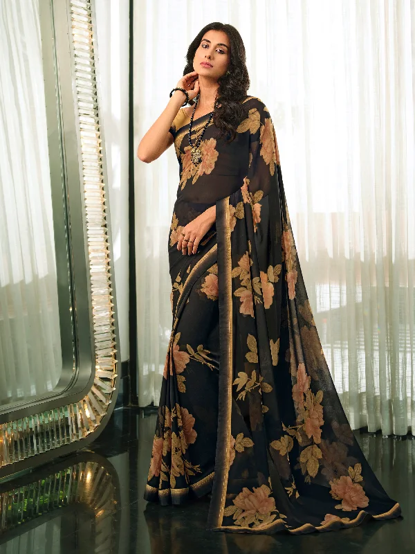 Women Black  Georgette  Printed Saree With Un-Stiched Blouse Subtle Shimmer Blouse