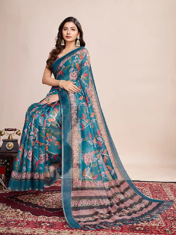 Women Party Wear Flower Printed Semi Linen Saree with Un Stitched Blouse Casual Relaxed Blouse